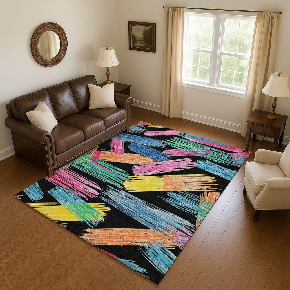 HomeRoots 5' X 8' Striking Black, Pink & Yellow Striped Washable Area Rug with UV Protection for High-Traffic Use 697472