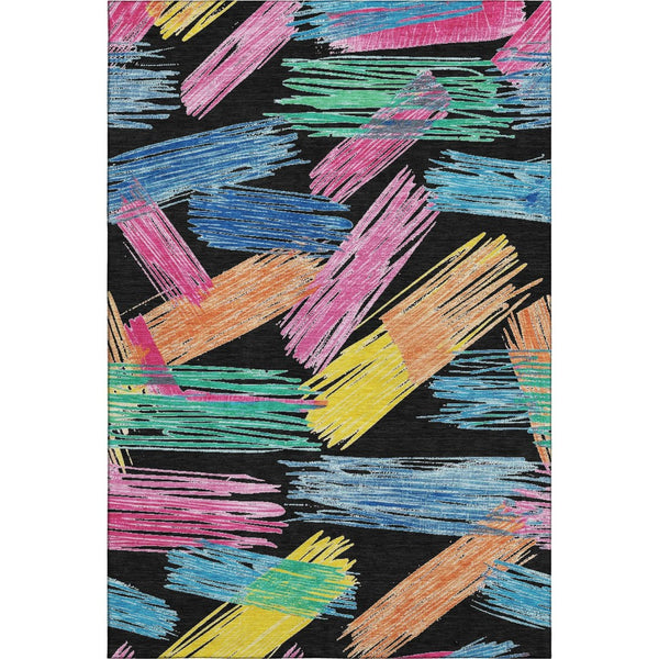 HomeRoots 5' X 8' Striking Black, Pink & Yellow Striped Washable Area Rug with UV Protection for High-Traffic Use 697472