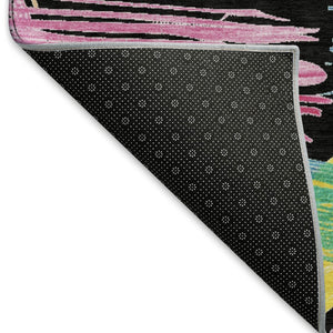 HomeRoots 5' X 8' Striking Black, Pink & Yellow Striped Washable Area Rug with UV Protection for High-Traffic Use 697472
