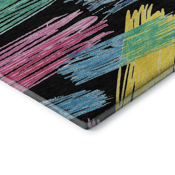 HomeRoots 5' X 8' Striking Black, Pink & Yellow Striped Washable Area Rug with UV Protection for High-Traffic Use 697472