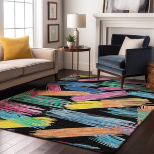 HomeRoots 5' X 8' Striking Black, Pink & Yellow Striped Washable Area Rug with UV Protection for High-Traffic Use 697472