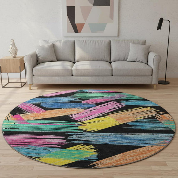 HomeRoots 8' Bold Black, Pink & Yellow Striped Washable Round Rug - UV Protected, Durable & Non-Slip Design! 697473