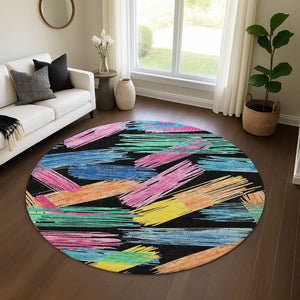 HomeRoots 8' Bold Black, Pink & Yellow Striped Washable Round Rug - UV Protected, Durable & Non-Slip Design! 697473