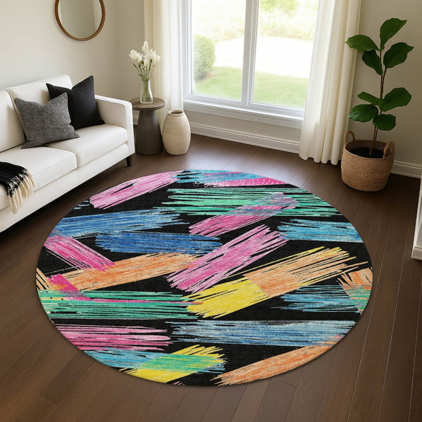 HomeRoots 8' Bold Black, Pink & Yellow Striped Washable Round Rug - UV Protected, Durable & Non-Slip Design! 697473