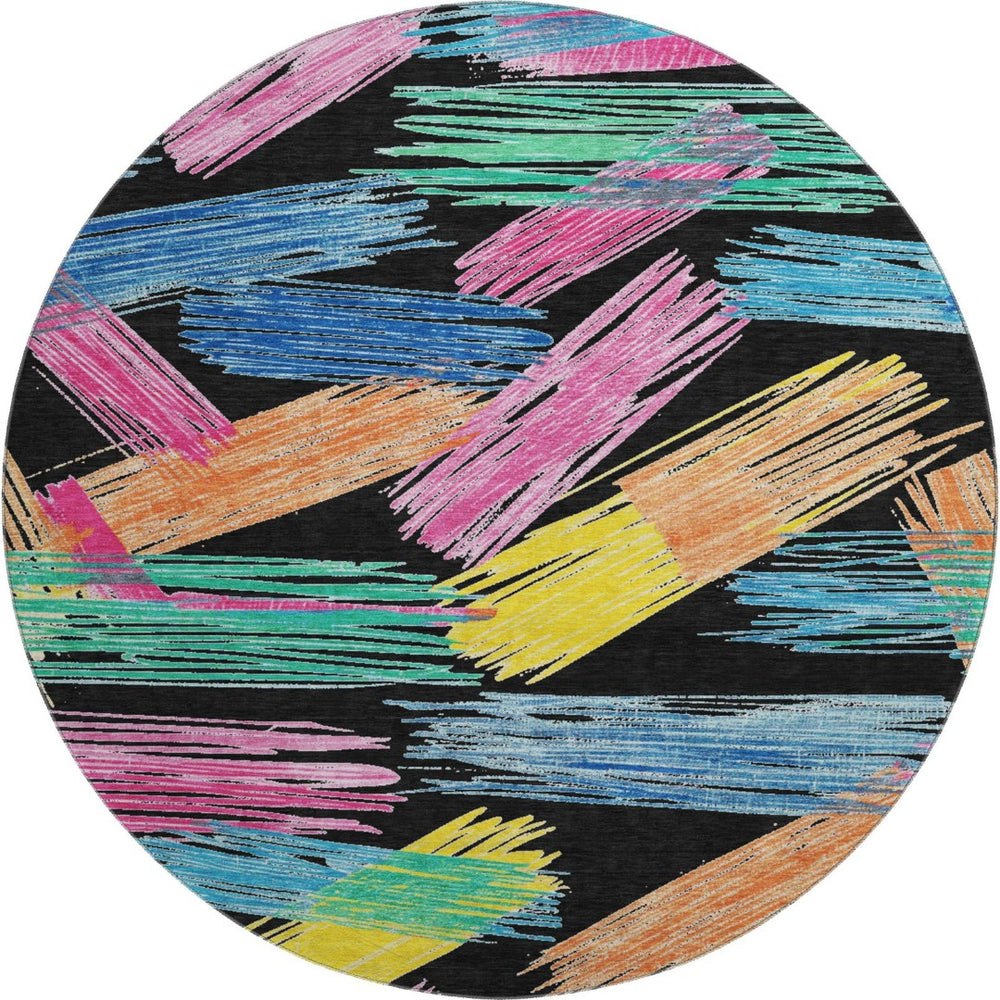 HomeRoots 8' Bold Black, Pink & Yellow Striped Washable Round Rug - UV Protected, Durable & Non-Slip Design! 697473