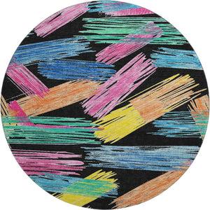HomeRoots 8' Bold Black, Pink & Yellow Striped Washable Round Rug - UV Protected, Durable & Non-Slip Design! 697473
