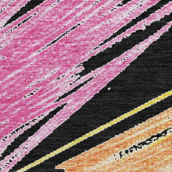 HomeRoots 8' Bold Black, Pink & Yellow Striped Washable Round Rug - UV Protected, Durable & Non-Slip Design! 697473