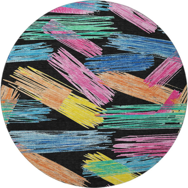 HomeRoots 8' Bold Black, Pink & Yellow Striped Washable Round Rug - UV Protected, Durable & Non-Slip Design! 697473