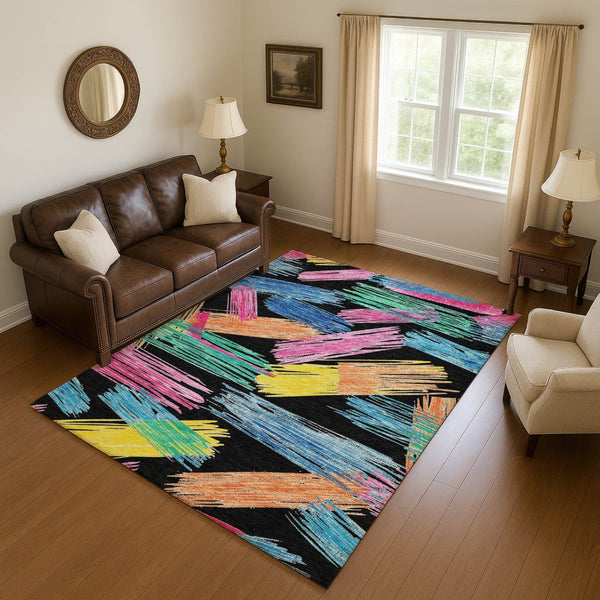 HomeRoots 8' X 10' Vibrant Black Pink Yellow Striped Washable Area Rug with UV Protection & Non-Slip Backing 697474