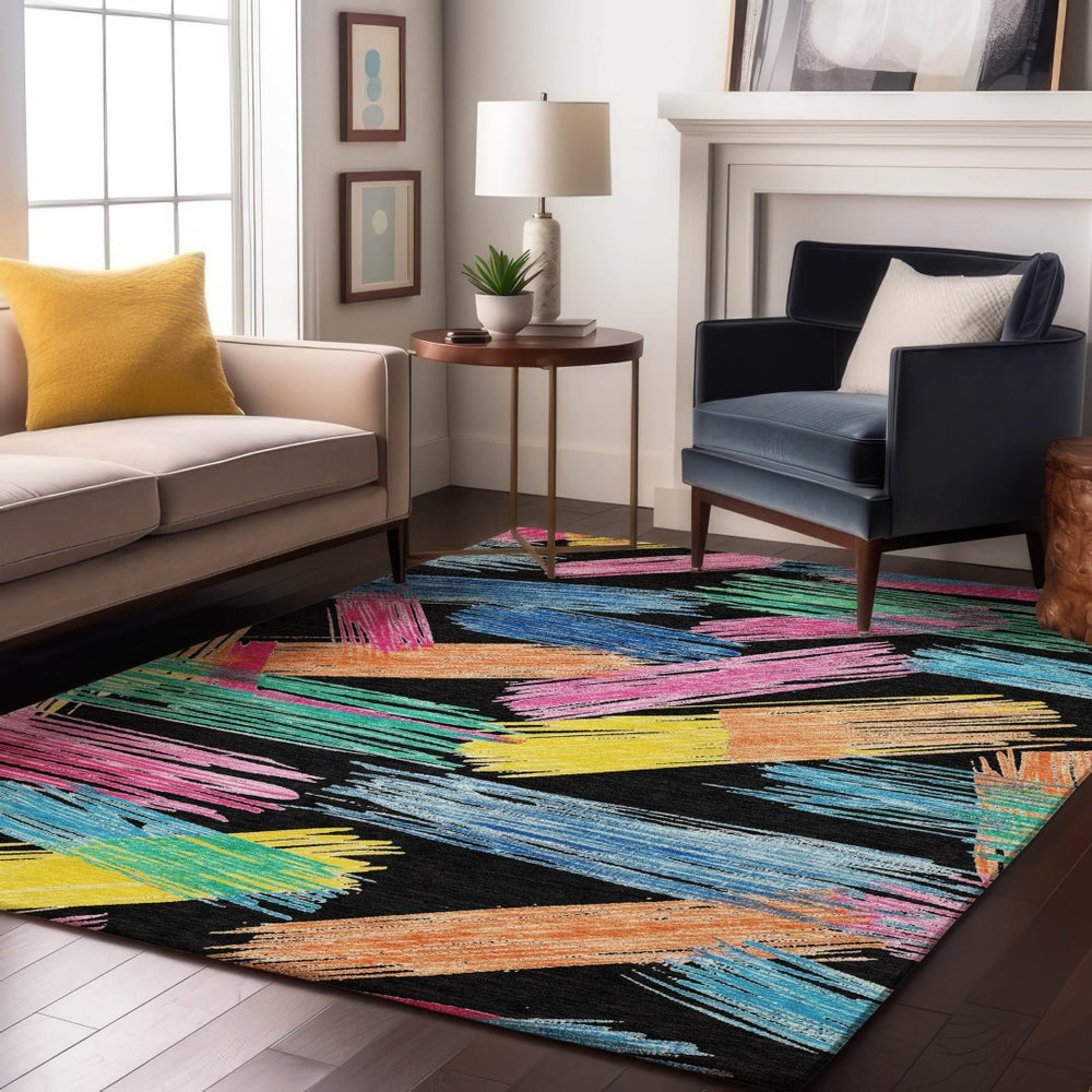 HomeRoots 9' X 12' Washable Striped Area Rug with UV Protection – Vibrant Black, Pink & Yellow for Homes! 697475