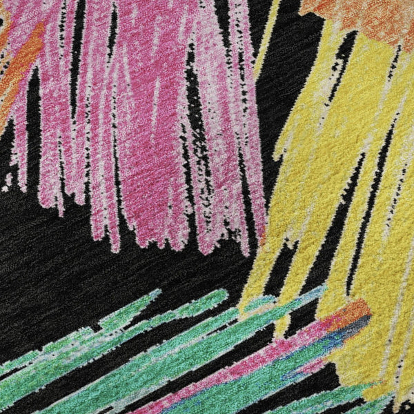 HomeRoots 10' X 14' Striped Area Rug in Black, Pink & Yellow - Washable, UV-Resistant, Non-Slip for Kids & Pets! 697476