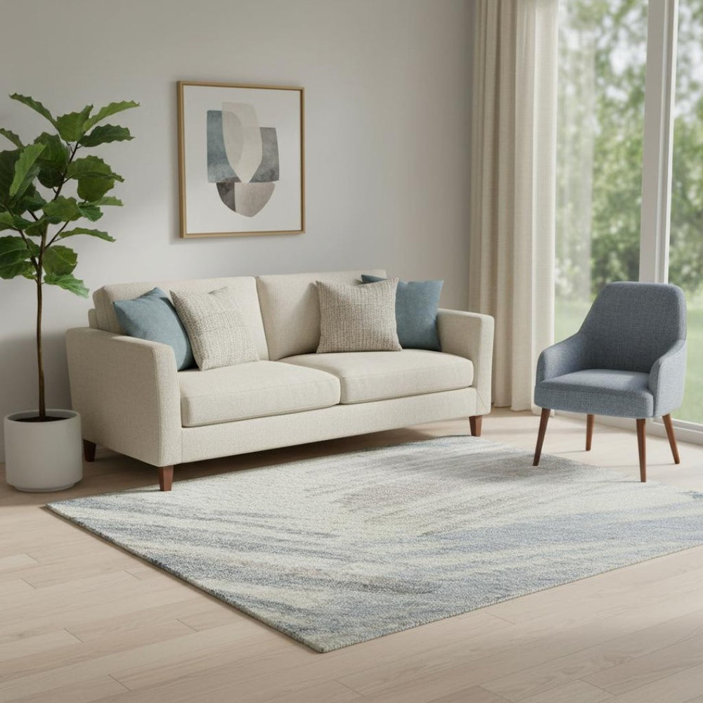 HomeRoots 5' X 8' Washable Area Rug in Ivory, Blue & Taupe Stripes - UV-Protected & Easy to Clean for Homes 697478
