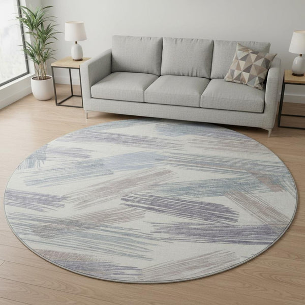 HomeRoots 8' Washable Round Rug in Ivory, Blue & Taupe Stripes - UV Protected, Stain-Resistant, Family-Friendly Design 697479