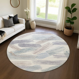 HomeRoots 8' Washable Round Rug in Ivory, Blue & Taupe Stripes - UV Protected, Stain-Resistant, Family-Friendly Design 697479