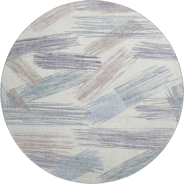 HomeRoots 8' Washable Round Rug in Ivory, Blue & Taupe Stripes - UV Protected, Stain-Resistant, Family-Friendly Design 697479