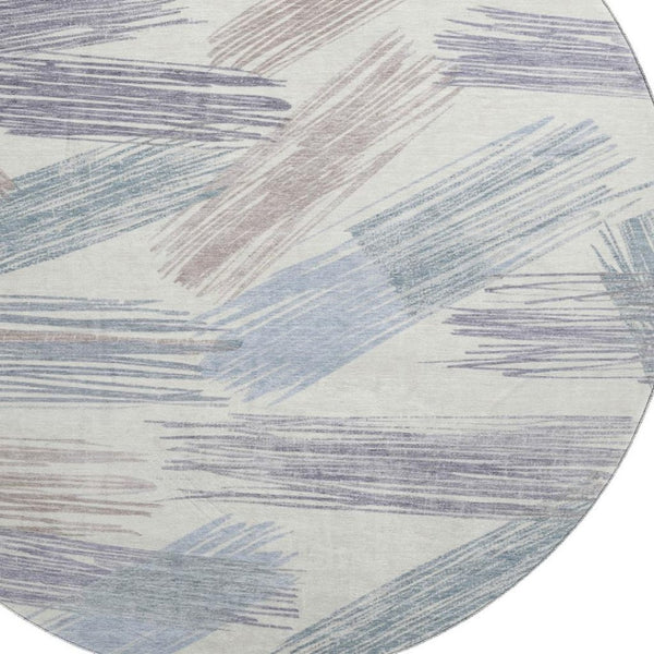 HomeRoots 8' Washable Round Rug in Ivory, Blue & Taupe Stripes - UV Protected, Stain-Resistant, Family-Friendly Design 697479