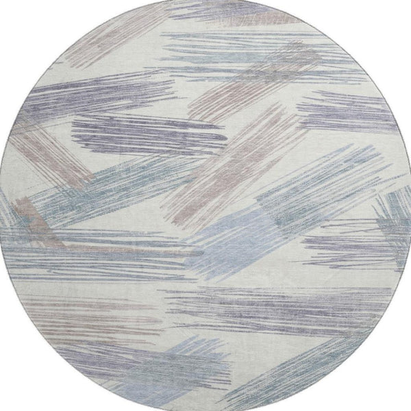 HomeRoots 8' Washable Round Rug in Ivory, Blue & Taupe Stripes - UV Protected, Stain-Resistant, Family-Friendly Design 697479