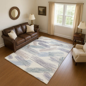 HomeRoots 9' X 12' Stunning Ivory, Blue & Taupe Striped Washable Area Rug with UV Protection & Non-Slip Backing 697481