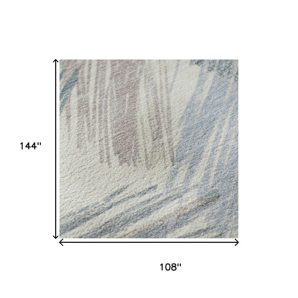 HomeRoots 9' X 12' Stunning Ivory, Blue & Taupe Striped Washable Area Rug with UV Protection & Non-Slip Backing 697481