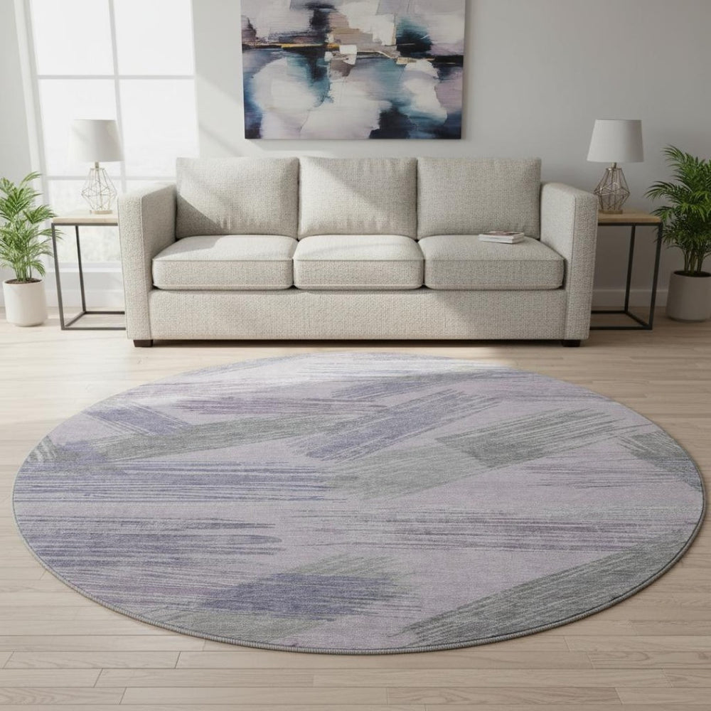 HomeRoots 8' Stylish Lavender Green & Ivory Striped Washable Round Rug with UV Protection for Any Space 697485