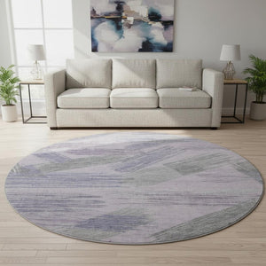 HomeRoots 8' Stylish Lavender Green & Ivory Striped Washable Round Rug with UV Protection for Any Space 697485