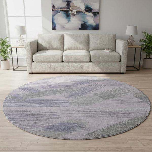 HomeRoots 8' Stylish Lavender Green & Ivory Striped Washable Round Rug with UV Protection for Any Space 697485