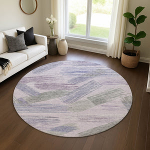 HomeRoots 8' Stylish Lavender Green & Ivory Striped Washable Round Rug with UV Protection for Any Space 697485