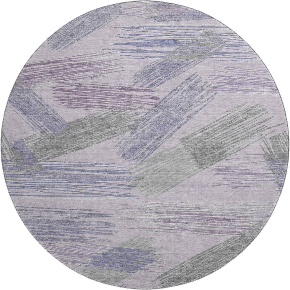 HomeRoots 8' Stylish Lavender Green & Ivory Striped Washable Round Rug with UV Protection for Any Space 697485
