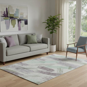 HomeRoots 5' Stylish Sage Purple and Ivory Striped Washable Area Rug with UV Protection for Family Spaces 697490