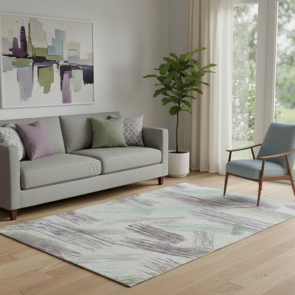 HomeRoots 5' Stylish Sage Purple and Ivory Striped Washable Area Rug with UV Protection for Family Spaces 697490