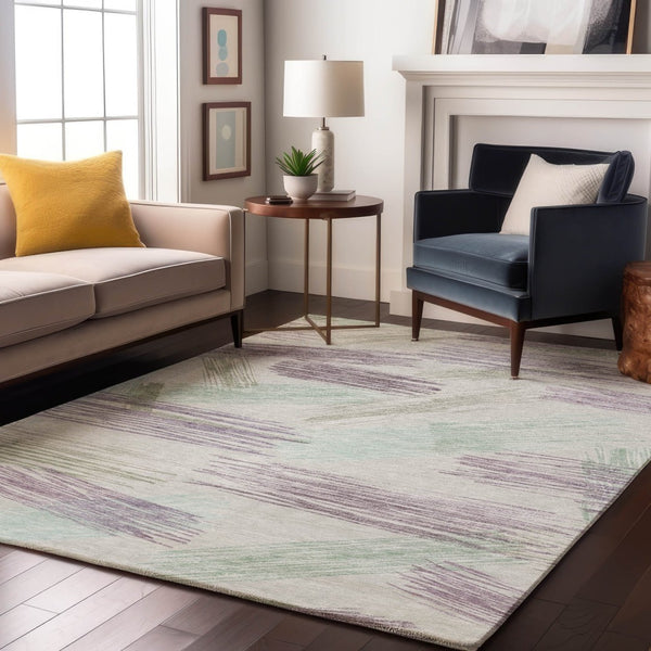 HomeRoots 5' Stylish Sage Purple and Ivory Striped Washable Area Rug with UV Protection for Family Spaces 697490