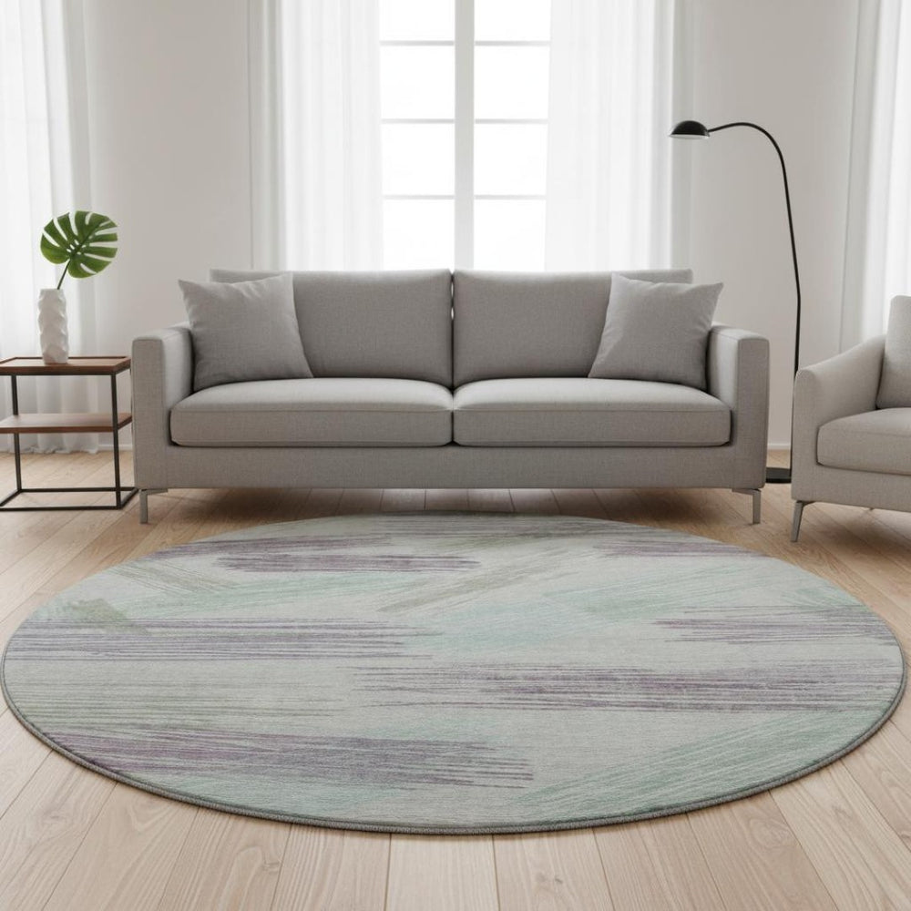 HomeRoots 8' Stylish Sage, Purple & Ivory Striped Washable Round Rug with UV Protection for Active Homes 697491