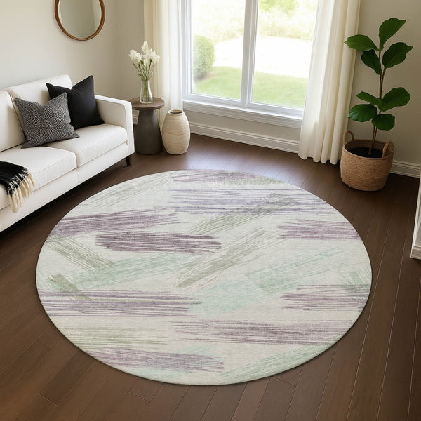 HomeRoots 8' Stylish Sage, Purple & Ivory Striped Washable Round Rug with UV Protection for Active Homes 697491