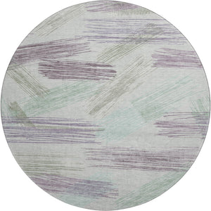 HomeRoots 8' Stylish Sage, Purple & Ivory Striped Washable Round Rug with UV Protection for Active Homes 697491