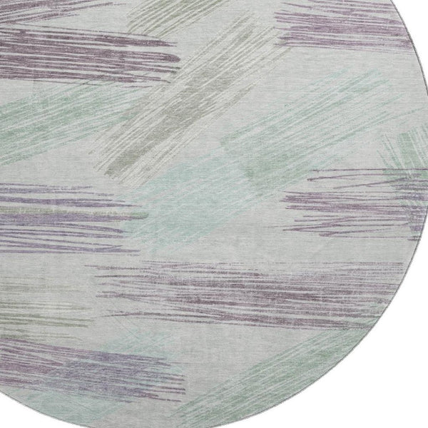 HomeRoots 8' Stylish Sage, Purple & Ivory Striped Washable Round Rug with UV Protection for Active Homes 697491