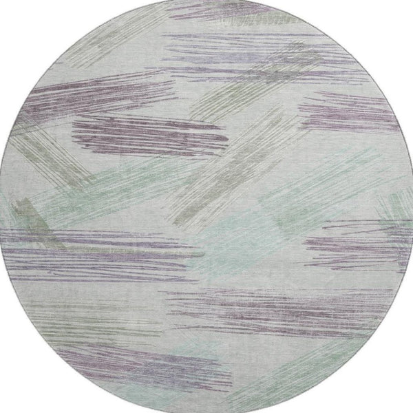 HomeRoots 8' Stylish Sage, Purple & Ivory Striped Washable Round Rug with UV Protection for Active Homes 697491
