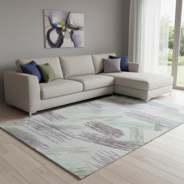 HomeRoots 8' X 10' Sage Purple & Ivory Striped Area Rug - Durable, Stain-Resistant, UV Protected for Homes 697492