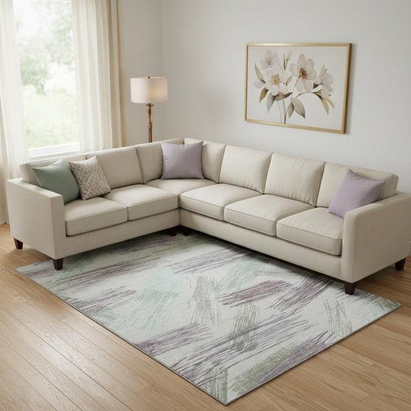 HomeRoots 9' X 12' Sage Purple Ivory Striped Area Rug - Washable, UV Resistant, Perfect for Family Spaces! 697493