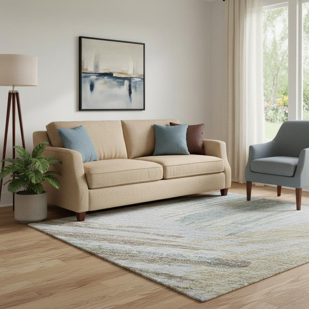HomeRoots 5' Sky Blue, Gold & Taupe Striped Area Rug – Washable, UV-Protected, Durable, Easy-Care Design! 697496