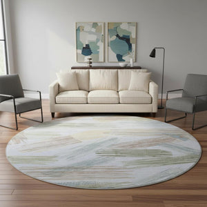 HomeRoots 8' Sky Blue, Gold & Taupe Striped Round Rug - Washable, UV-Protected, Stain-Resistant Comfort & Style 697497