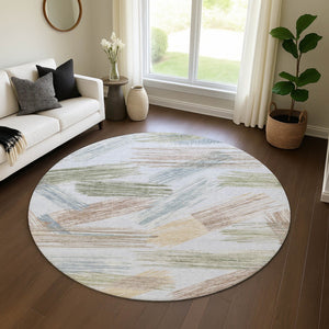 HomeRoots 8' Sky Blue, Gold & Taupe Striped Round Rug - Washable, UV-Protected, Stain-Resistant Comfort & Style 697497