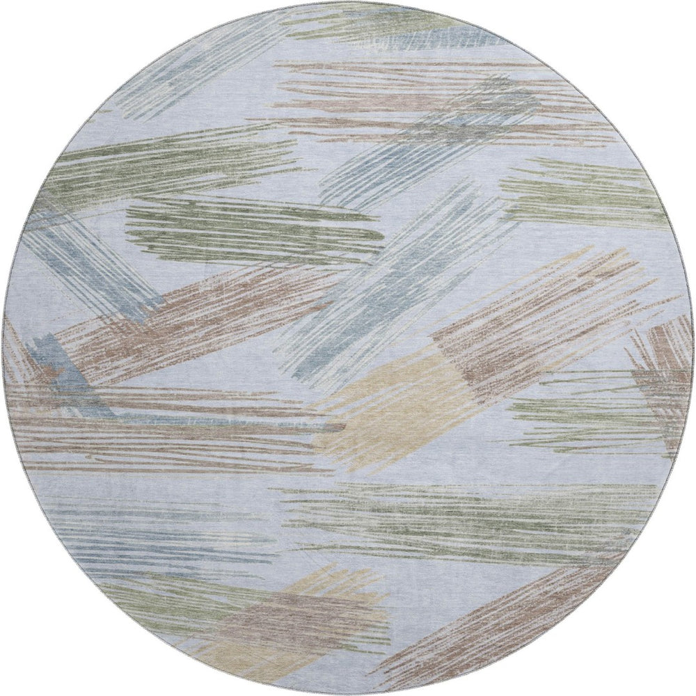 HomeRoots 8' Sky Blue, Gold & Taupe Striped Round Rug - Washable, UV-Protected, Stain-Resistant Comfort & Style 697497