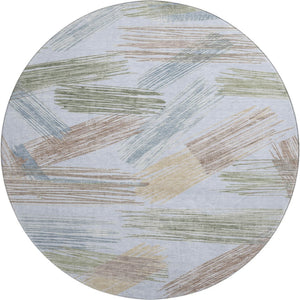 HomeRoots 8' Sky Blue, Gold & Taupe Striped Round Rug - Washable, UV-Protected, Stain-Resistant Comfort & Style 697497