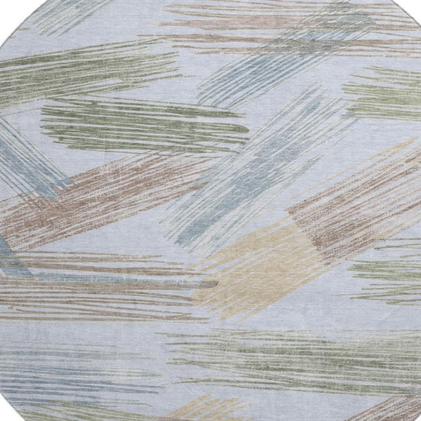 HomeRoots 8' Sky Blue, Gold & Taupe Striped Round Rug - Washable, UV-Protected, Stain-Resistant Comfort & Style 697497