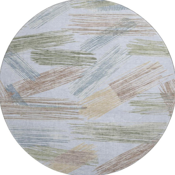HomeRoots 8' Sky Blue, Gold & Taupe Striped Round Rug - Washable, UV-Protected, Stain-Resistant Comfort & Style 697497