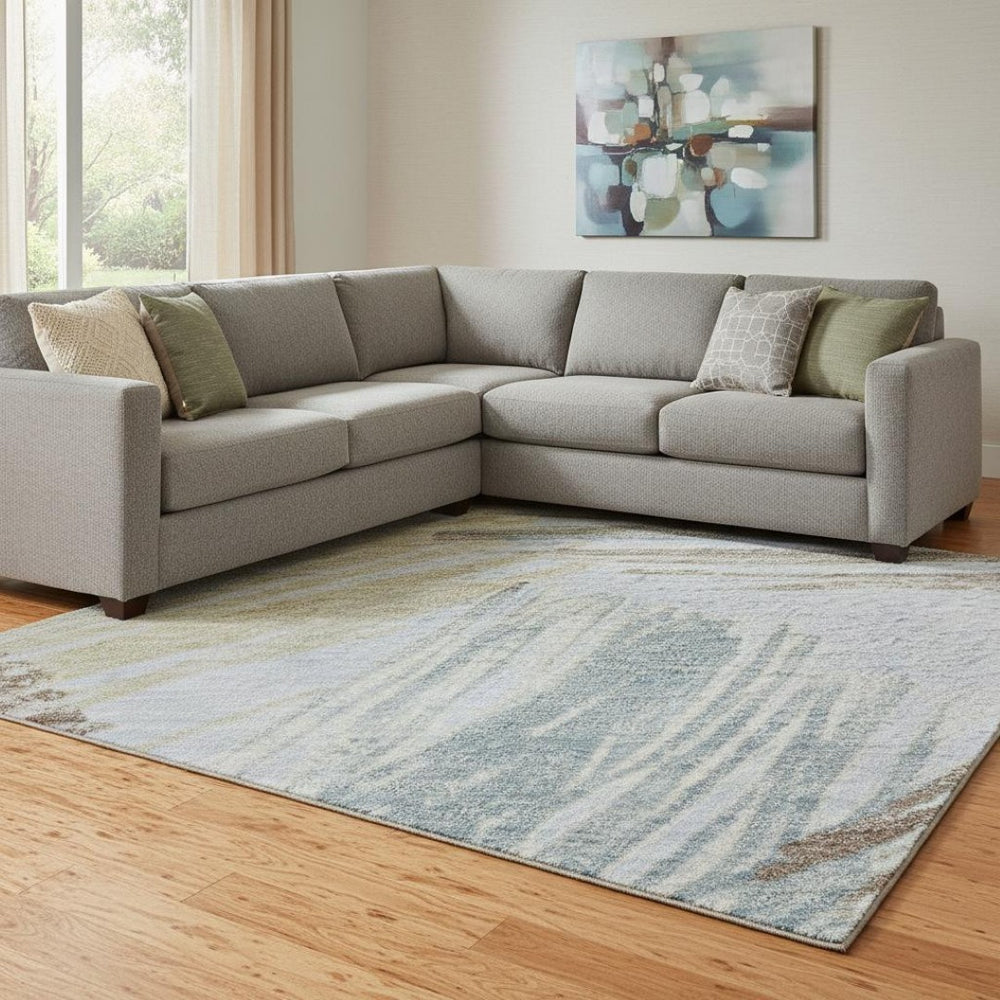 HomeRoots 8' X 10' Striped Sky Blue, Gold & Taupe Washable Area Rug with UV Protection for Family Homes 697498