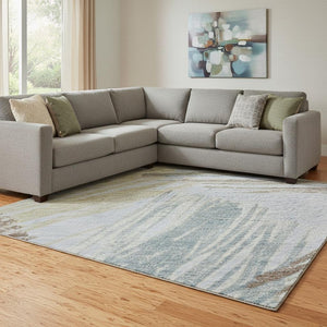 HomeRoots 8' X 10' Striped Sky Blue, Gold & Taupe Washable Area Rug with UV Protection for Family Homes 697498