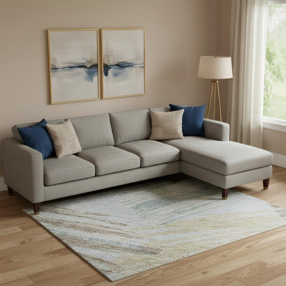 HomeRoots 9' X 12' Sky Blue Gold & Taupe Striped Washable Area Rug - UV Protected, Stain Resistant, Durable Design 697499