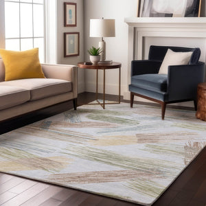 HomeRoots 9' X 12' Sky Blue Gold & Taupe Striped Washable Area Rug - UV Protected, Stain Resistant, Durable Design 697499