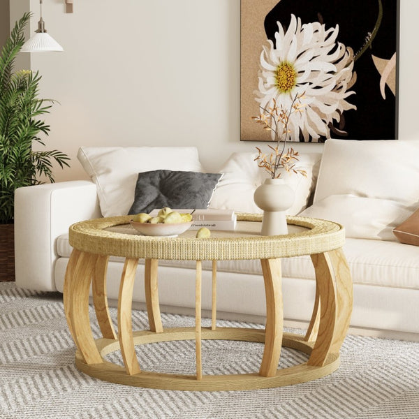 English Elm 35.43"vintage Woven Rattan Round Coffee Table Curved Wood Legs Boho Living Room W757P383547